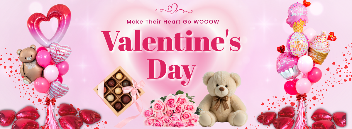 Valentine’s Day collection banner for Valentines balloons in Toronto, featuring balloon bouquets, roses, chocolates, and teddy bears.