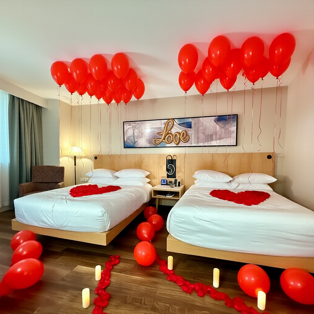 Valentines Day balloons Toronto styled as romantic hotel room decor with balloons, roses, and soft lighting.