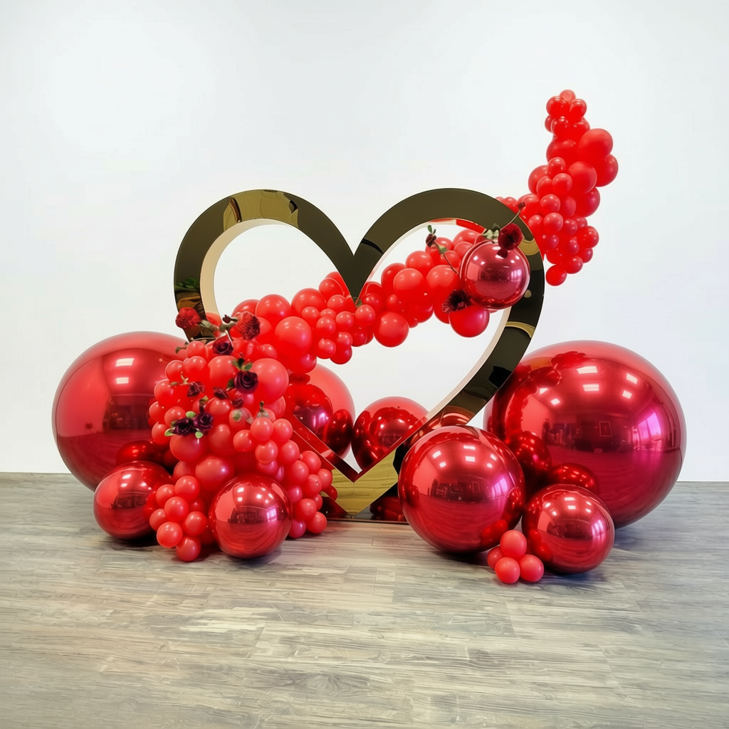 Valentine’s proposal decoration in Toronto with a gold heart backdrop, red balloon installation, and luxury event styling