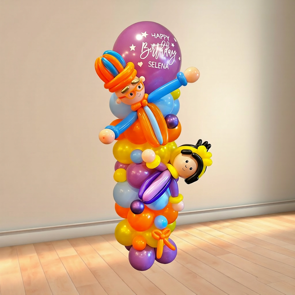 Full shot of an 8ft Bippli balloon column with twisting balloon characters, Toronto balloons for kids birthday decor.