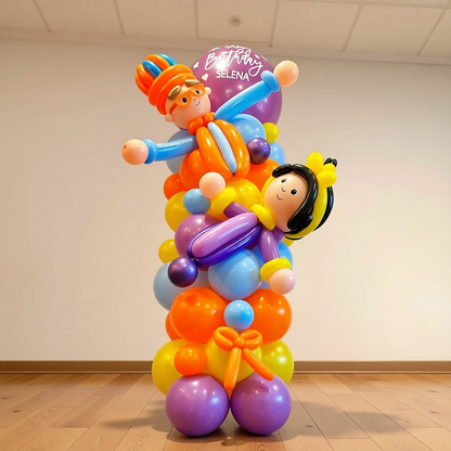 Bippli balloon column with twisted balloon characters and custom message topper, balloons for kids in Toronto.