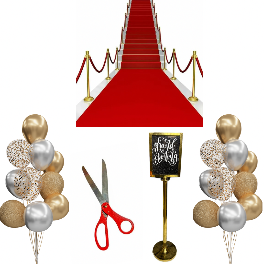 Grand Opening Package – Red carpet, gold sign, giant scissors, and balloon bouquets for your event