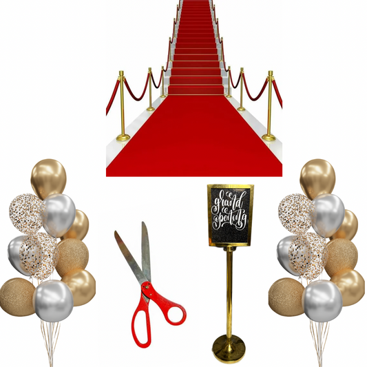 Grand Opening Package – Red carpet, gold sign, giant scissors, and balloon bouquets for your event